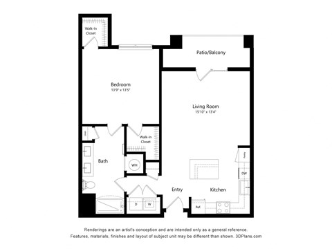 Floor plan for 1 bed, 1 bath, 886 sqft